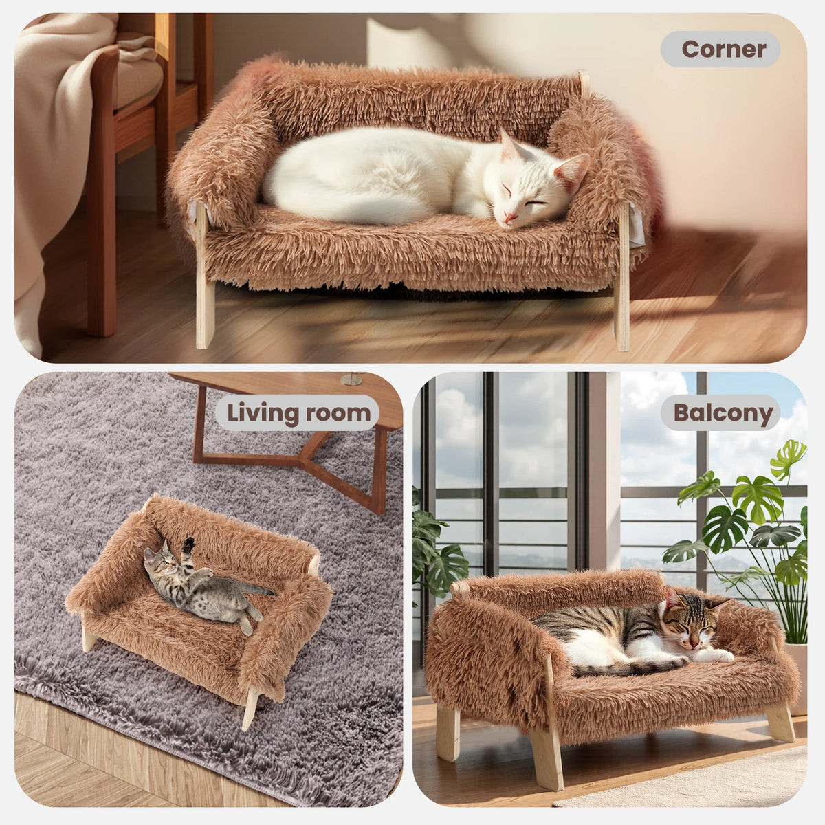 Raised Plush Cat Sofa With Sturdy Wooden Legs For Cats