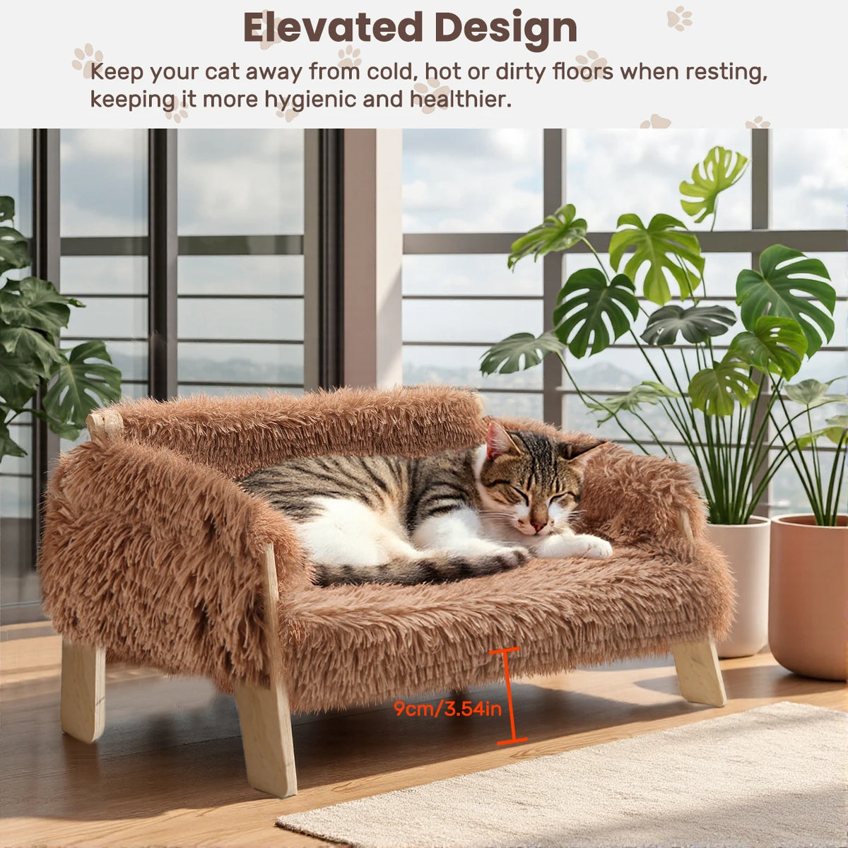 Raised Plush Cat Sofa With Sturdy Wooden Legs For Cats