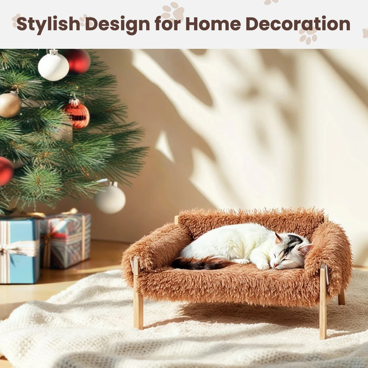 Raised Plush Cat Sofa With Sturdy Wooden Legs For Cats