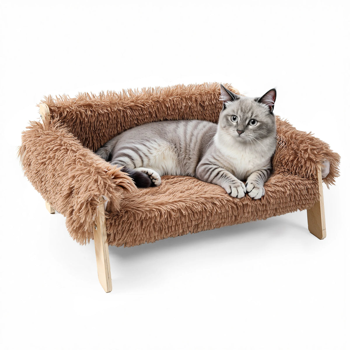 Raised Plush Cat Sofa With Sturdy Wooden Legs For Cats