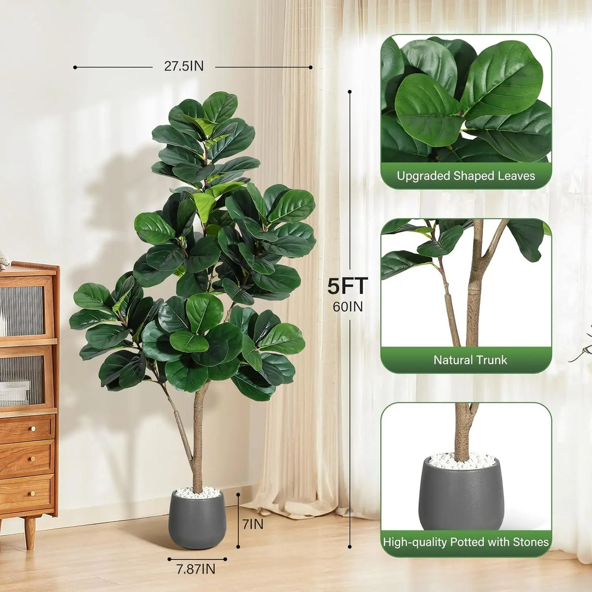 4FT/5FT/6FT/7FT Fiddle Leaf Fig Tree Artificial with Leaves, Realistic Faux Ficus Lyrata Trees in White Planter Pot, Home Decor