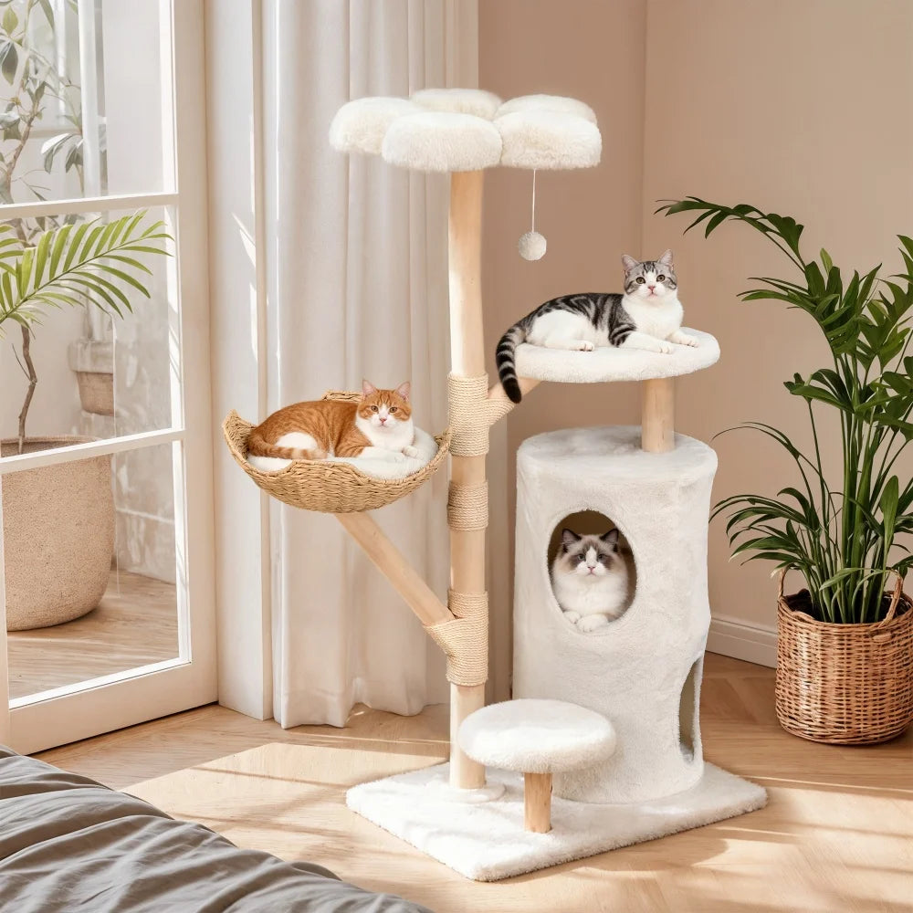 Large Cat Tree Tower Pet Cat Activity Center Scratching Post Cat Condo House Solid Wooden Cat Furniture
