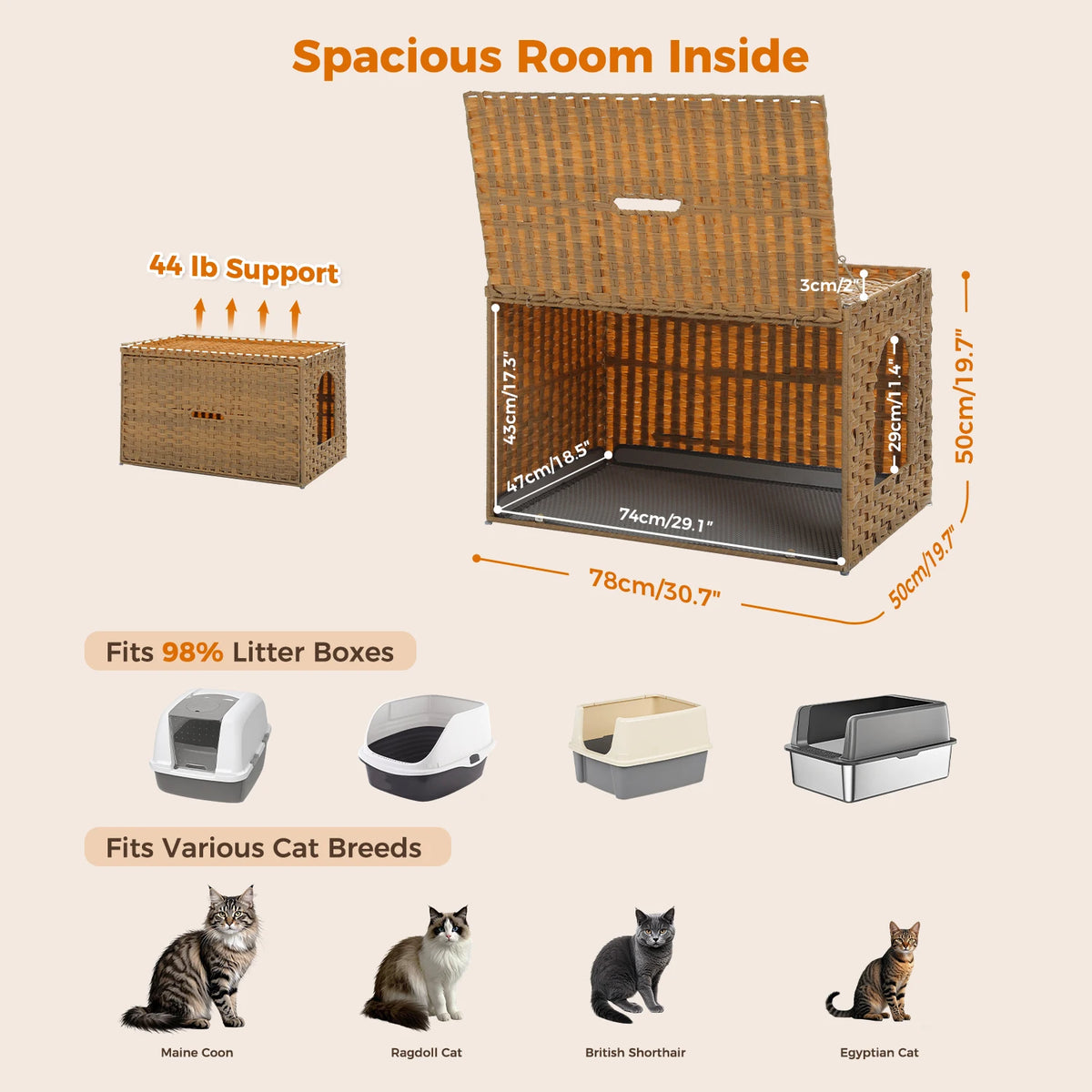 Rattan Cat Litter Box Enclosure with Taller Doorway and Flip-Up Design-More Space Raised Edge Mat-Cat House Cabinet Furniture