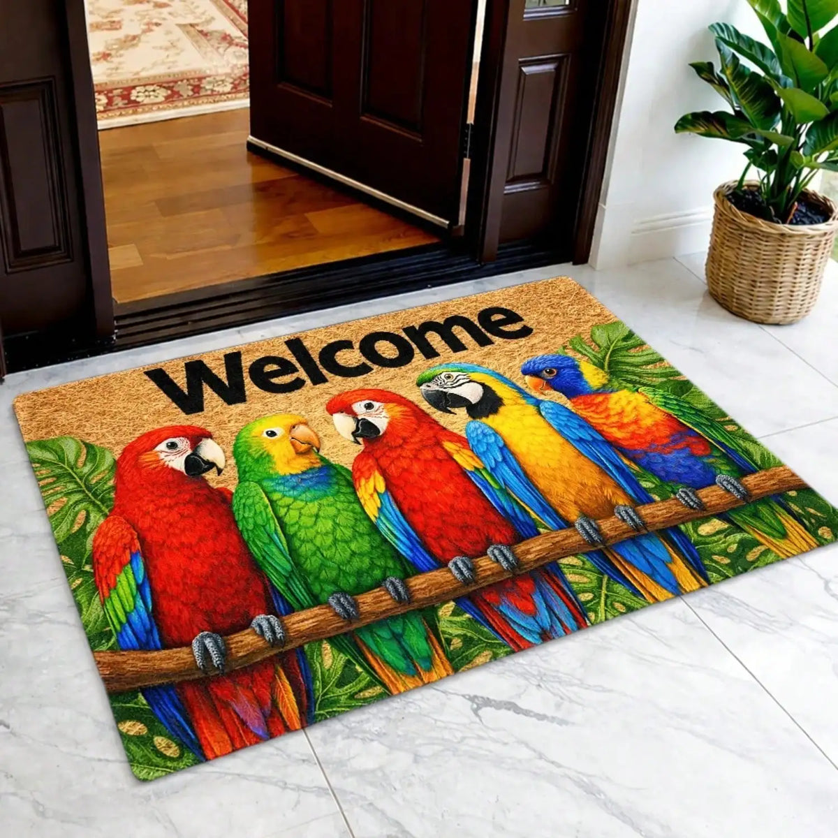 Tropical Parrot Welcome Doormat With Anti Slip Dirt Trapping Design