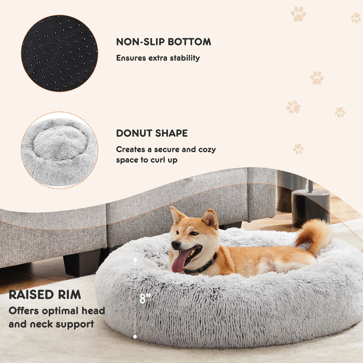 JHK Plush Faux Fur Calming Dog Bed With Washable Cover