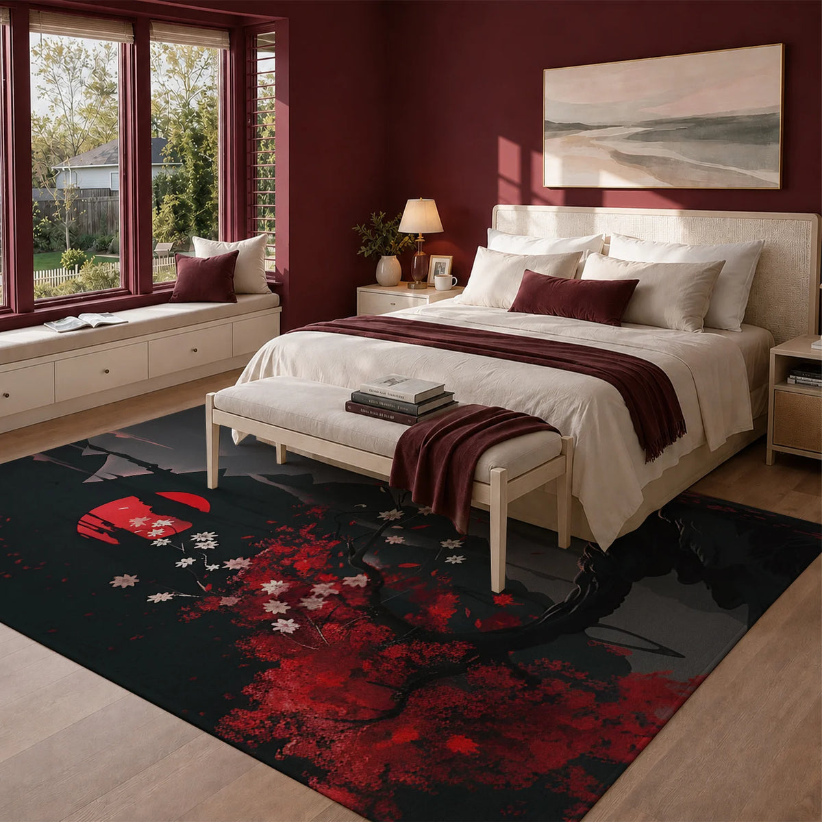 Machine Washable Velvet Japanese Cherry Blossom Mountain Area Rug