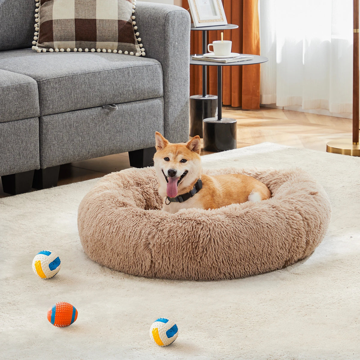 JHK Plush Faux Fur Calming Dog Bed With Washable Cover