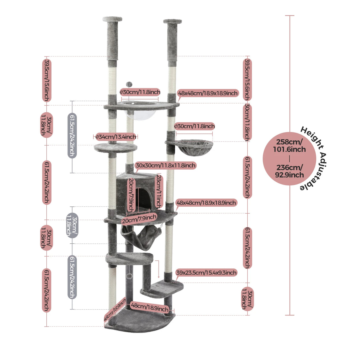 Multi-Level Tall Cat Tree for Indoor Cats Floor to Ceiling Cat Tower with Scratching Posts Cozy Condo Hammock Cat Accessories