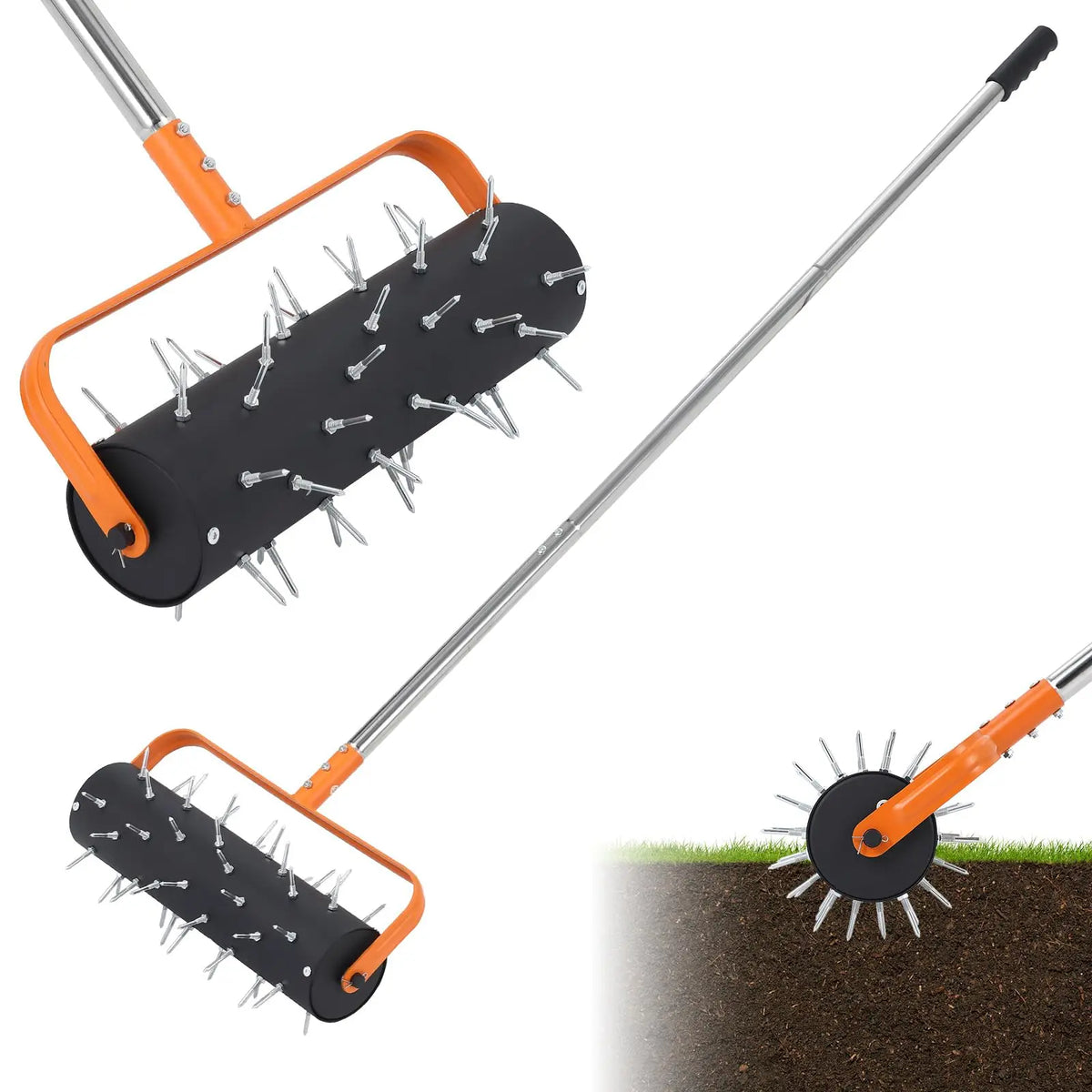 15/18-Inch Rolling Lawn Aerator, Heavy Duty Manual Spike Aerator Roller With 42/52 Spikes, 61/67'' Handle, Soil Penetrator