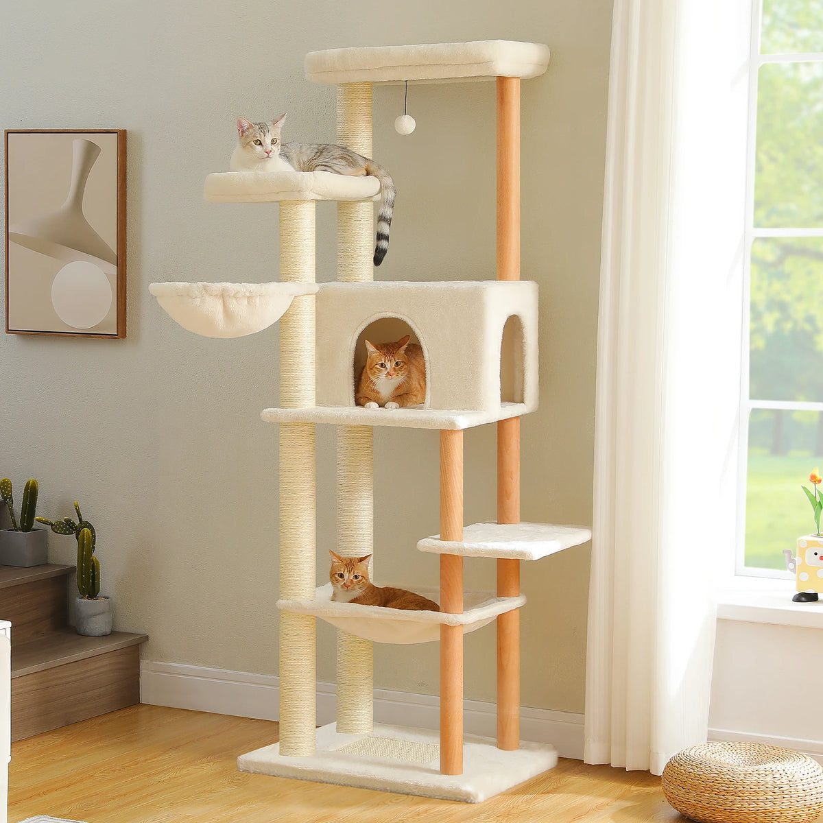 Multi-Level Cat Tree for Indoor Cats Tall Wooden Cat Tower with Sisal Scratching Post Spacious Hammocks Large Cat Condo Cat Toys