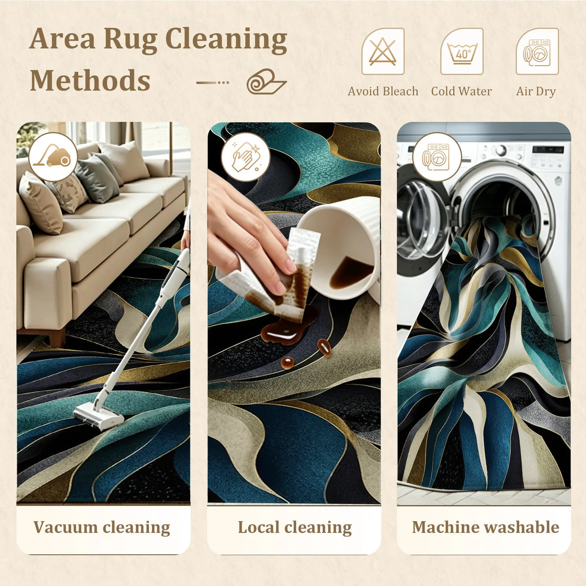 Machine Washable Velvet Abstract Wave Area Rug With Nonslip Backing