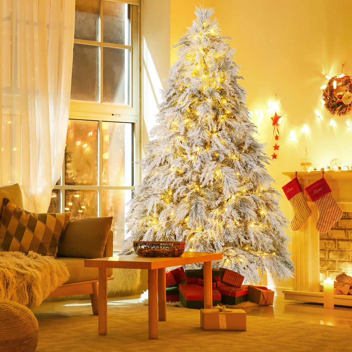 4. 5/ 6/ 7 FT Snow Flocked Christmas Tree, Holiday Decoration Tree for Home Party Office