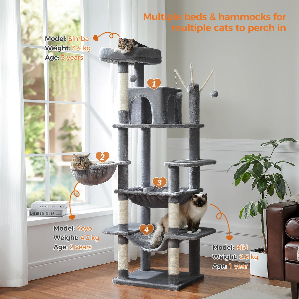 Large Cat Tree for Indoor Large Cats Tall Cat Tower for Fat Cats with Super Big Hammock, Cat Climbing Trees with Scratching Post