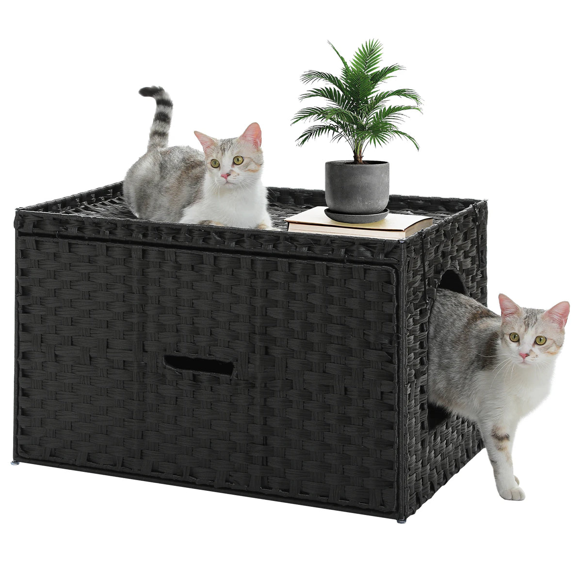 Rattan Cat Litter Box Enclosure with Taller Doorway and Flip-Up Design-More Space Raised Edge Mat-Cat House Cabinet Furniture