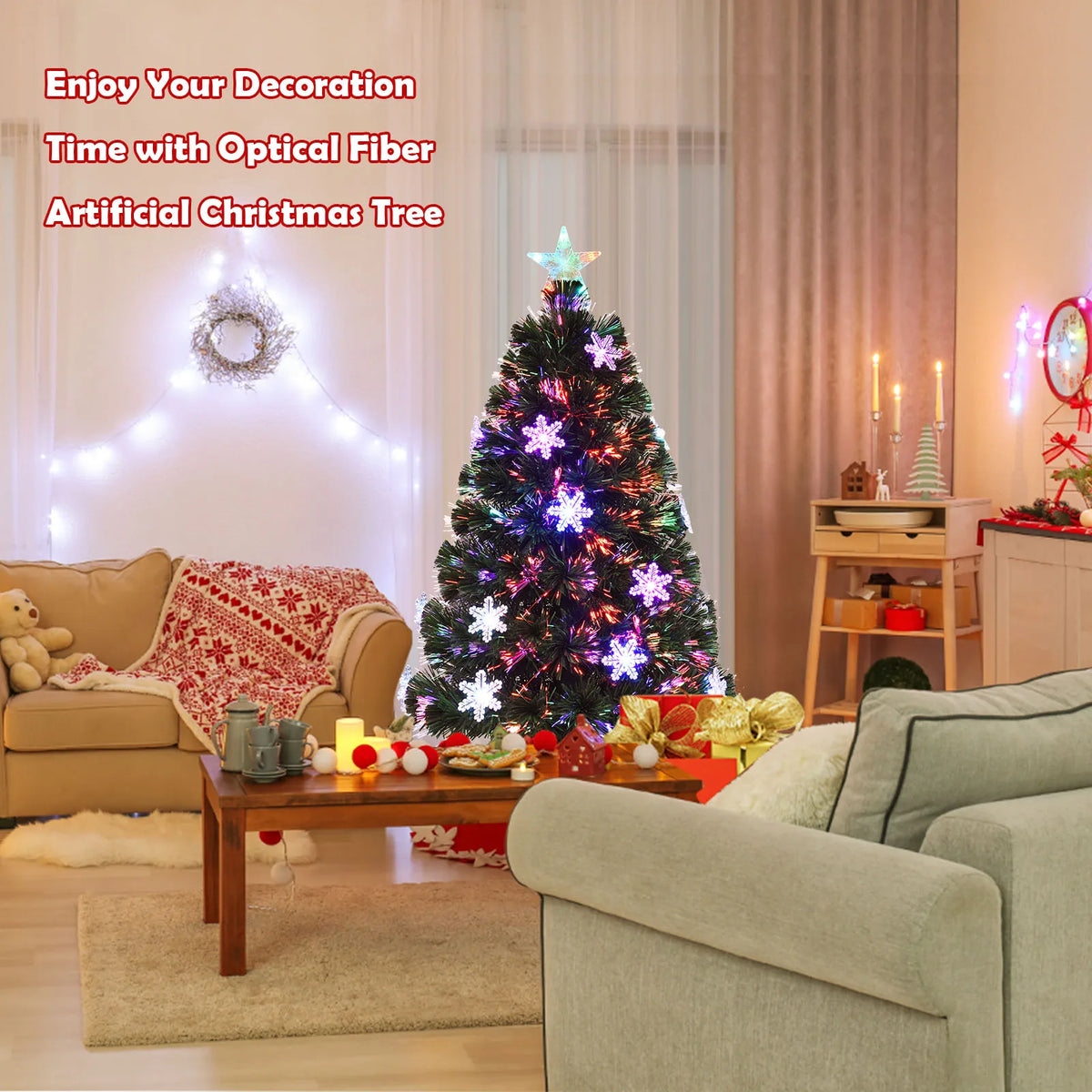 3/ 4/ 5/ 6 FT Fiber Optic Artificial Christmas Tree Pre-Lit Christmas Tree, Xmas Full Tree, Xmas Holiday Decor for Office, Home