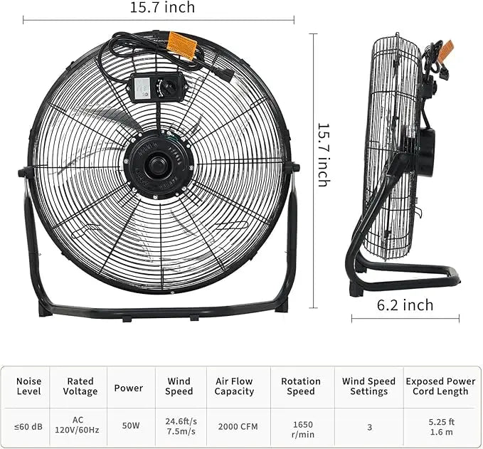 12/20 Inch Floor Fan, 3 Speeds 4800 CFM High Velocity Heavy Duty Industrial Fan, 360° Adjustable Tilt,Cooling for Industrial Home