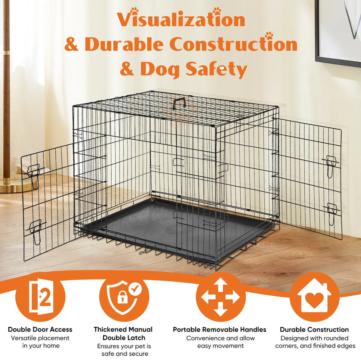JHK Folding Metal Wire Dog Crate With Double Doors