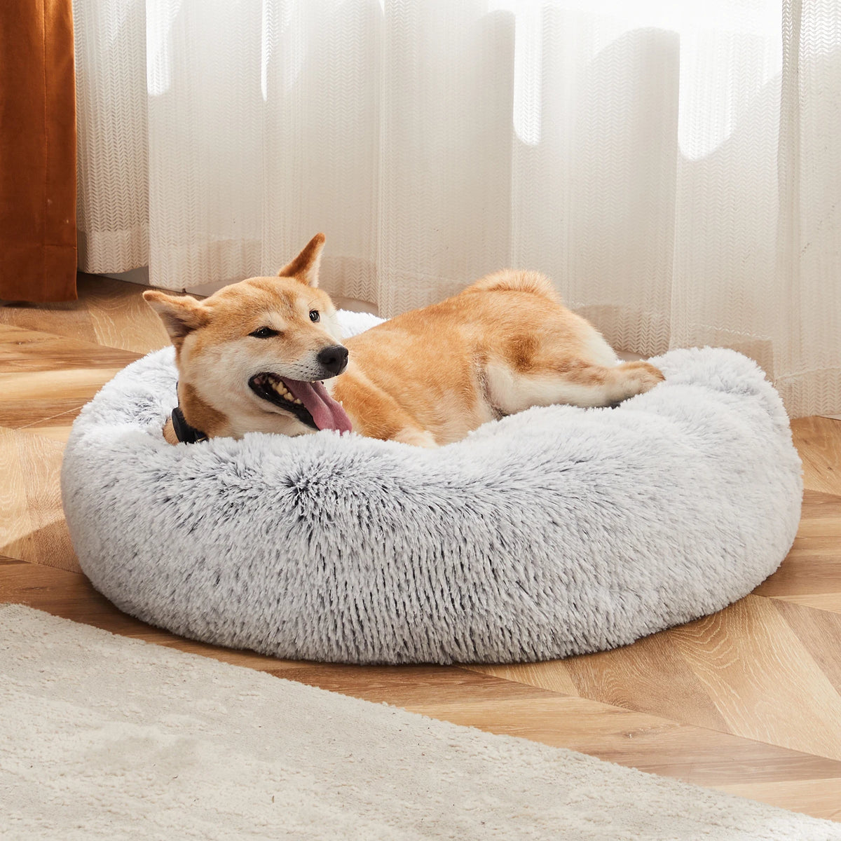JHK Plush Faux Fur Calming Dog Bed With Washable Cover