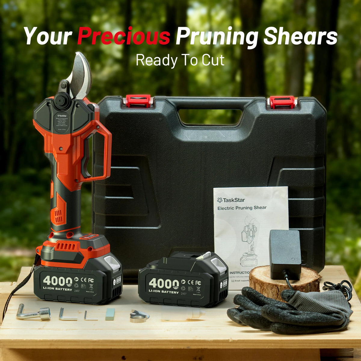 Taskstar Electric Scissors 600W Brushless Motor Cordless Pruning Shears with SK5 Blade&2 4.0Ah Battery, Max. 40mm, 0.8/1.2/1.6 Inch 3-gear Adjustable, For Pruning Tree Branches