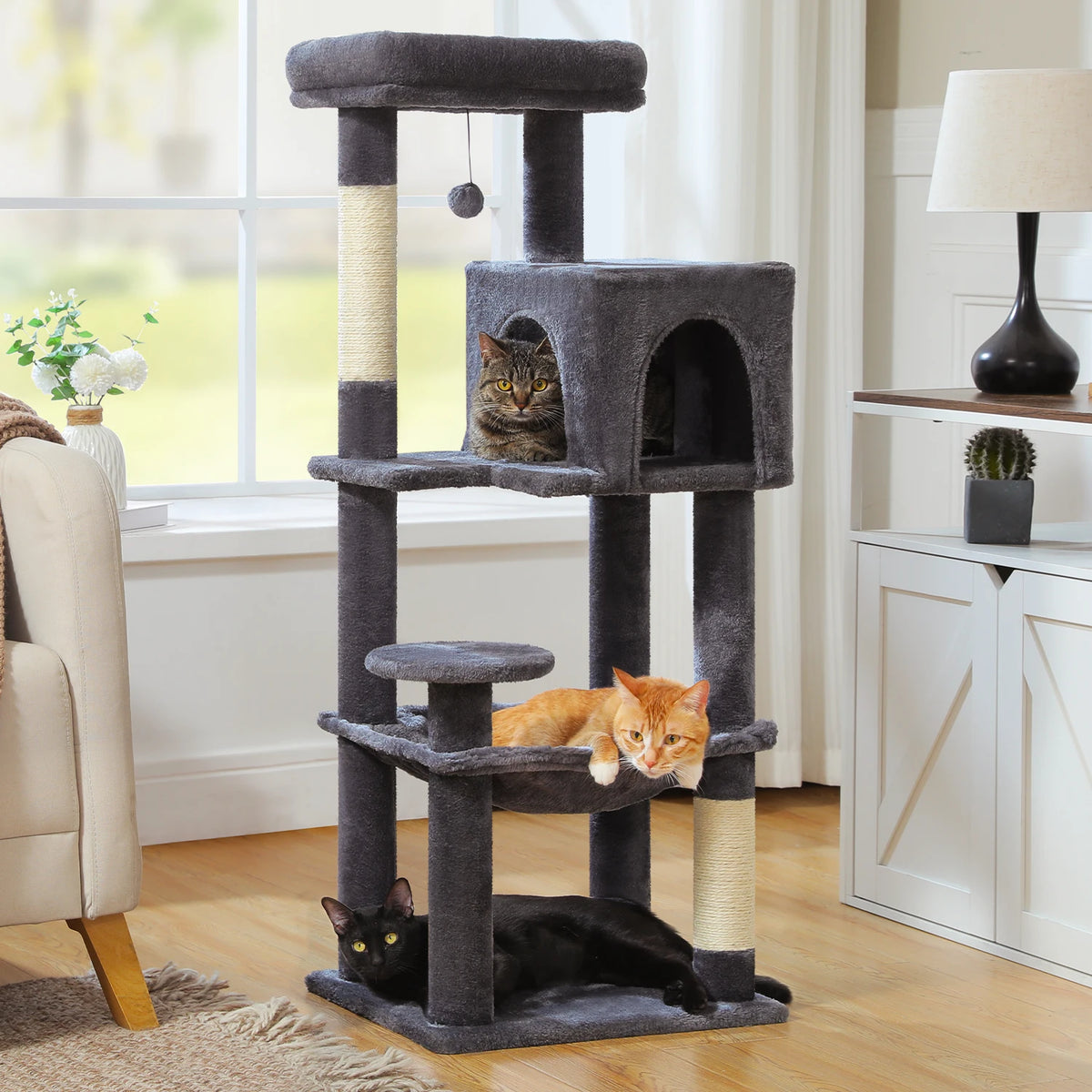 5-Level Cat Tree 113cm Cat Tower with Top Perch,Soft Condo,Natural Sisal Scratching Post,Attractive Pompom,Anti-tip kit,Hammock
