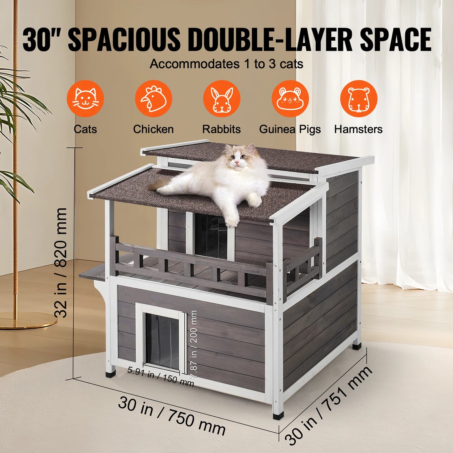Weatherproof Two Story Wooden Outdoor Cat Shelter With Balcony