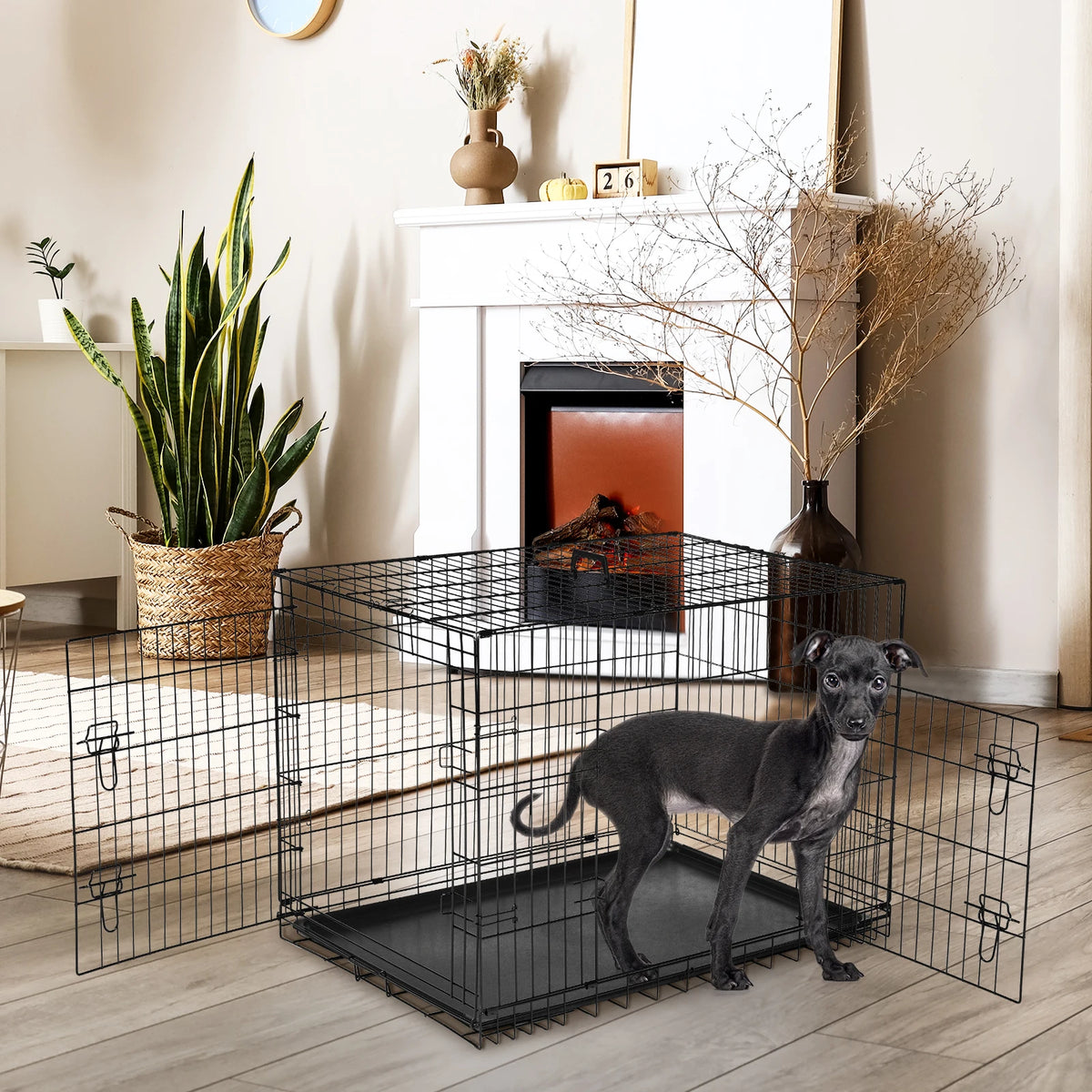 JHK Folding Metal Wire Dog Crate With Double Doors