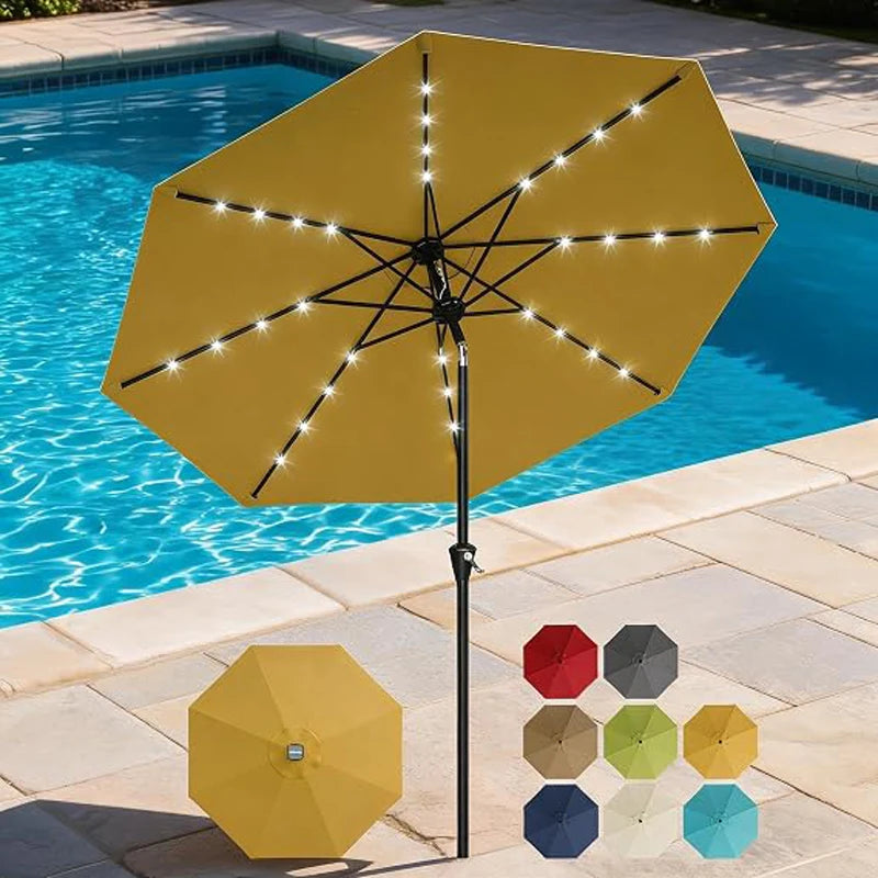 9FT Solar Patio Umbrella with 32 LED Lights – Outdoor Waterproof Market Umbrella, Crank Lift & Push Button Tilt, UV Protection Sun Shade for Patio, Garden, Deck, Pool