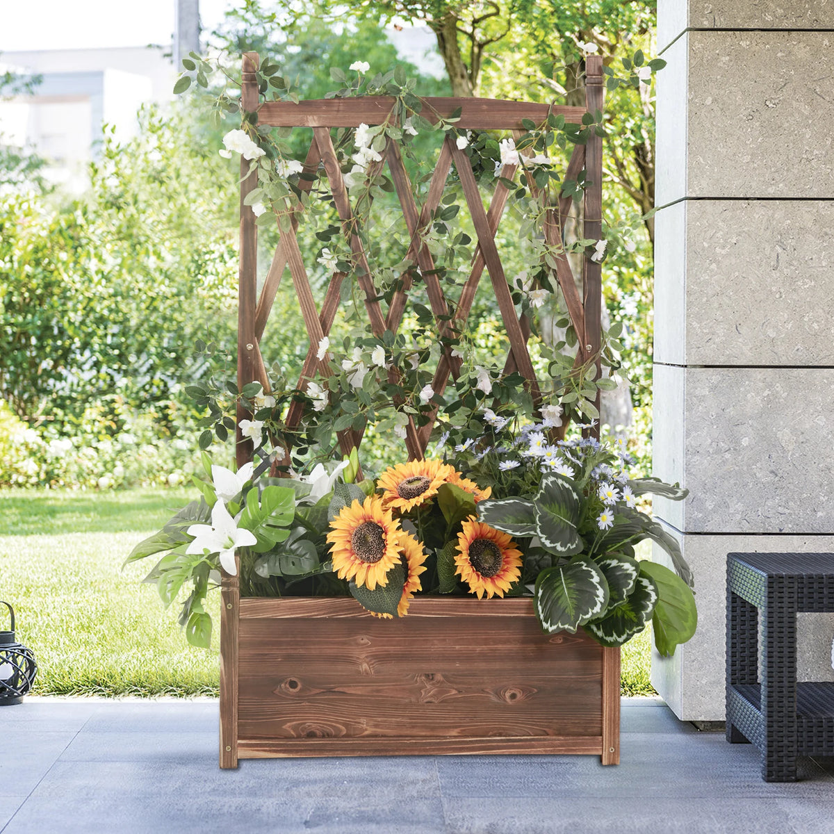 Elevated Wooden Garden Planter Box With Trellis For Outdoor Herbs