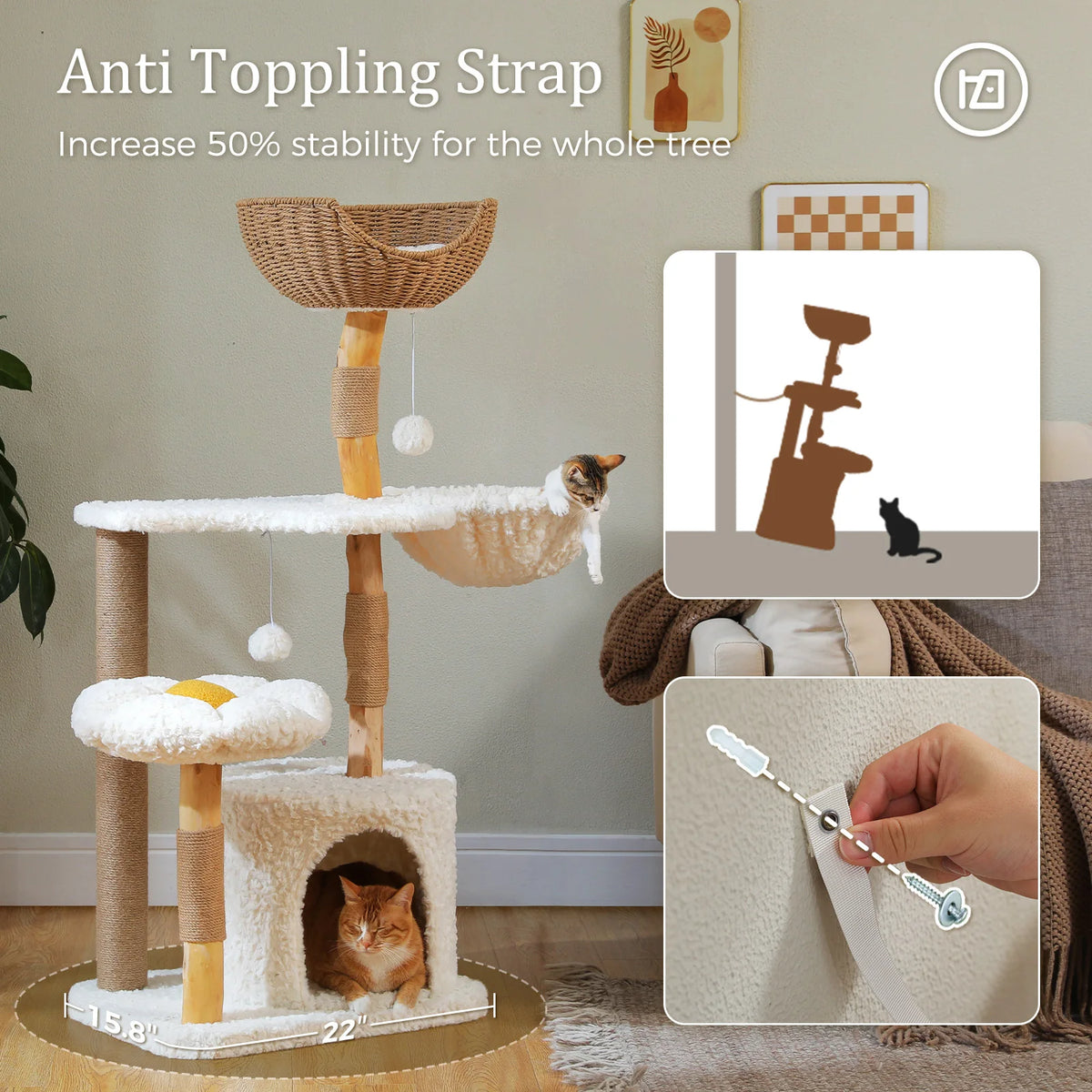 Modern Cat Tree for Indoor Cats Solid Wood Cat Tower with Luxury Cat Condo Cozy Hammock Scratching Post Flower Cat Bed Cat Toys
