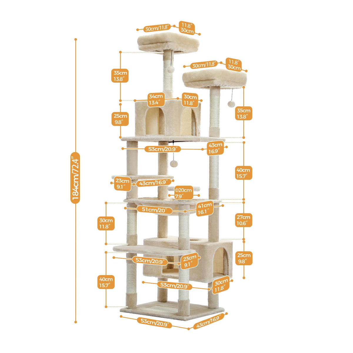 Multi-Level Cat Tree Tower with Scratching Posts&Board, Hammock, Cat Condo, Spacious Top Perch,Dangling Balls for Indoor Cats