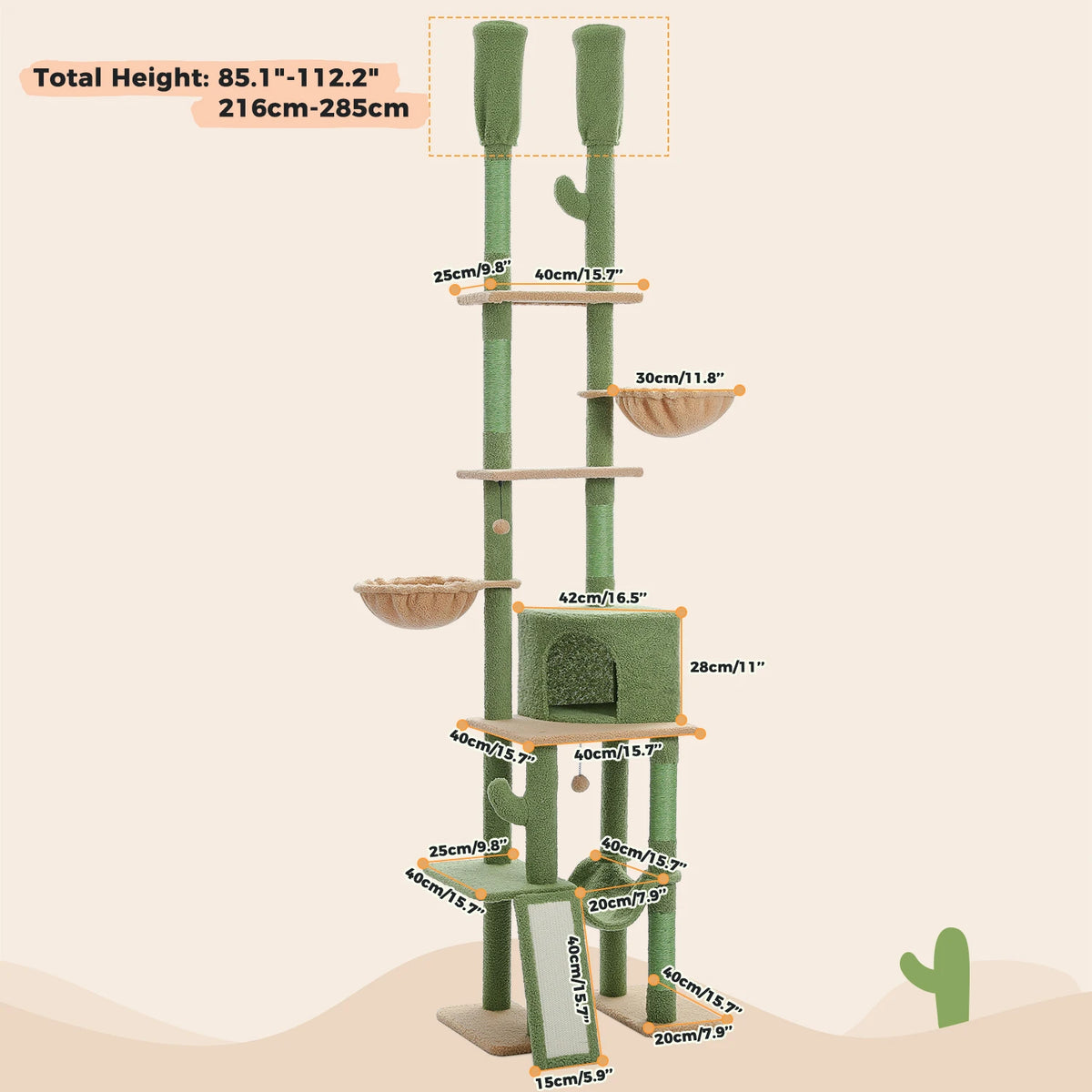Floor to Ceiling Cat Tree for Indoor, Adjustable Height Tall Cat Tower with Sisal Scratching Post, Cozy Condo Hammock, Cat Toys
