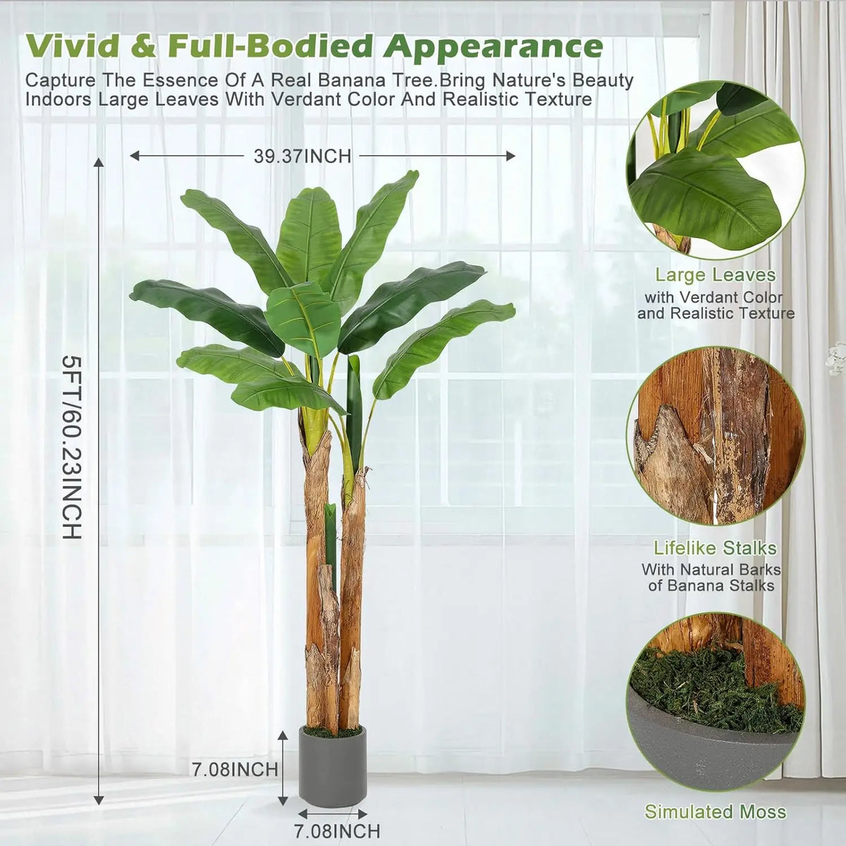 5FT/6FT Artificial Banana Tree,Tall Faux Tropical Plant in Grey Planter, Lifelike Fake Banana Tree for Home Office Living Room Entryway Patio