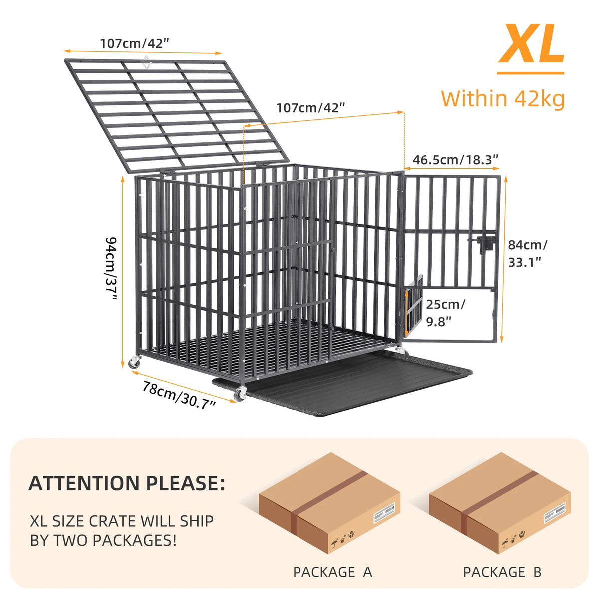 BINGOPAW Heavy Duty Dog Crate With Tray And Lockable Wheels