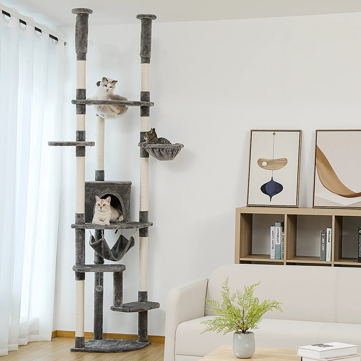 Multi-Level Tall Cat Tree for Indoor Cats Floor to Ceiling Cat Tower with Scratching Posts Cozy Condo Hammock Cat Accessories