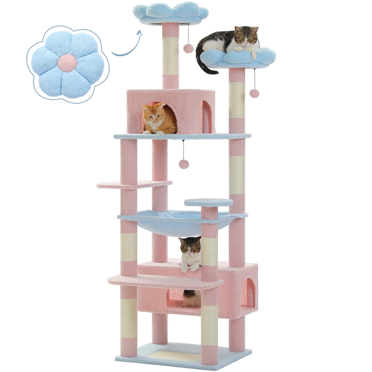 Multi-Level Cat Tree Tower with Scratching Posts&Board, Hammock, Cat Condo, Spacious Top Perch,Dangling Balls for Indoor Cats