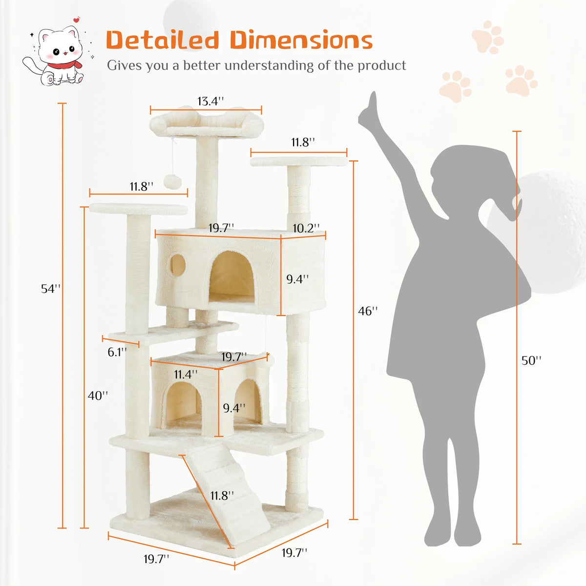 JHK 54in Tall Multi-Level Cat Tree Tower for Indoor Pet Furniture Stable Kitty Play House with Sisal Scratching Post for Home