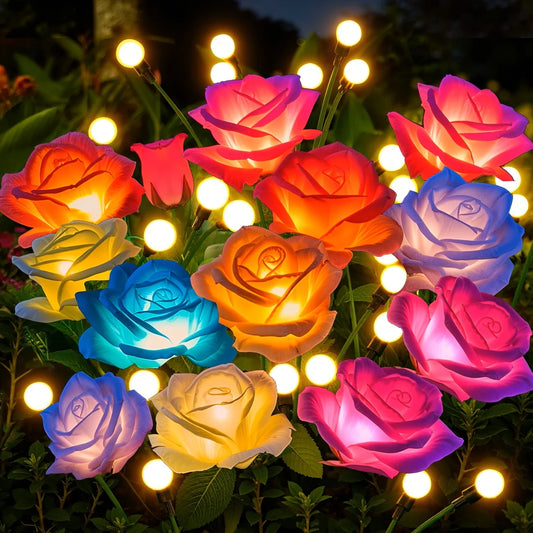 4pcs Outdoor Waterproof Solar Rose Lights with 4 Realistic Lighted Flower Heads Garden Decorative Lamp For Home Patio Decoration