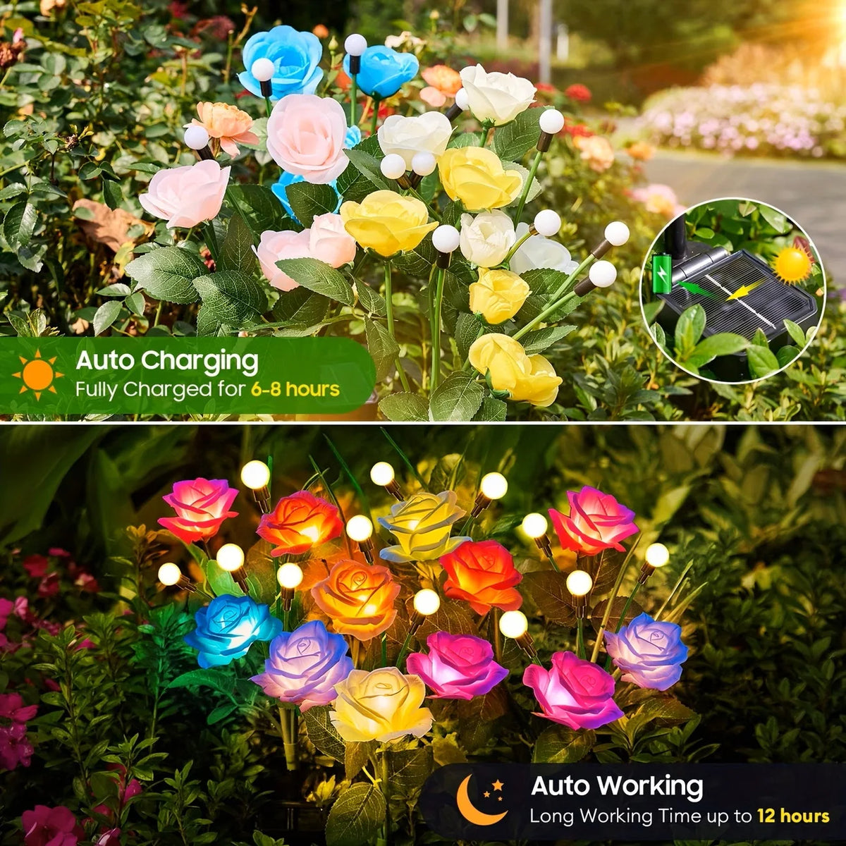 4pcs Outdoor Waterproof Solar Rose Lights with 4 Realistic Lighted Flower Heads Garden Decorative Lamp For Home Patio Decoration
