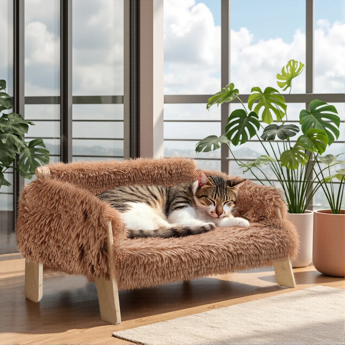 Raised Plush Cat Sofa With Sturdy Wooden Legs For Cats