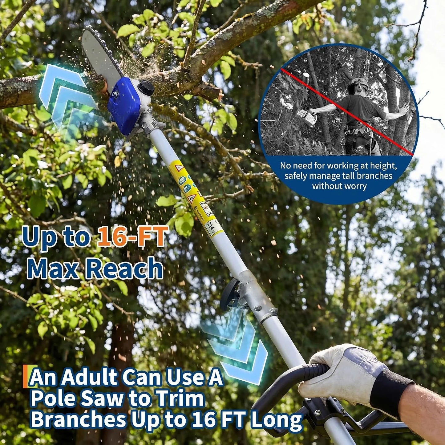 52/43 CC Gas Powered Pole Saw 2-Stroke Chainsaw 12" Bar 2.0HP 3000RPM Tree Trimmer Pruner 16ft Reach 1200ml Tank Shoulder Strap Ergonomic Handle for Garden Orchard Branch Cutting Logging Heavy Duty High Reach Landscaping Hedg