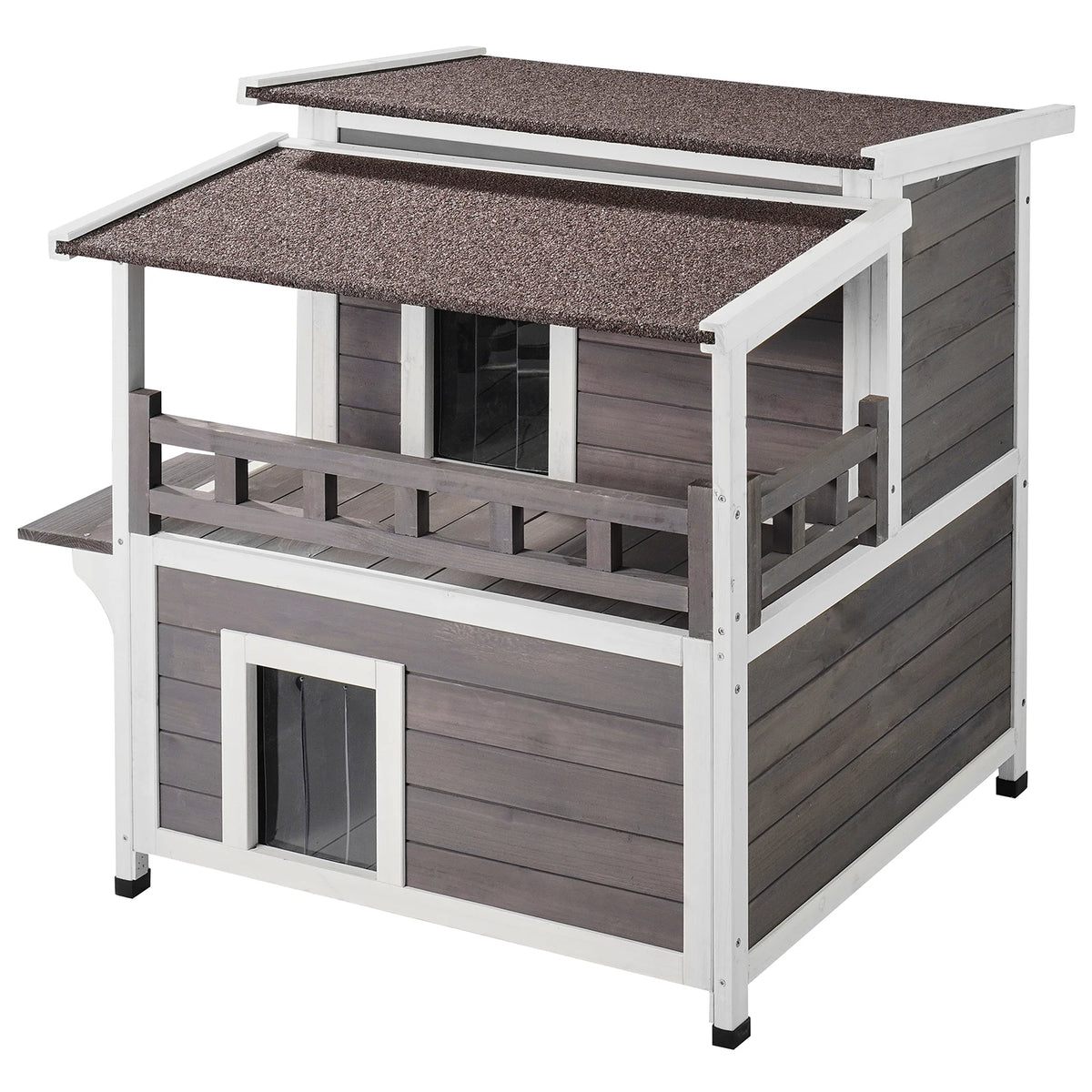 Weatherproof Two Story Wooden Outdoor Cat Shelter With Balcony