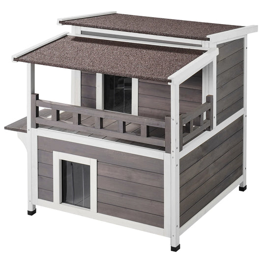 Weatherproof Two Story Wooden Outdoor Cat Shelter With Balcony