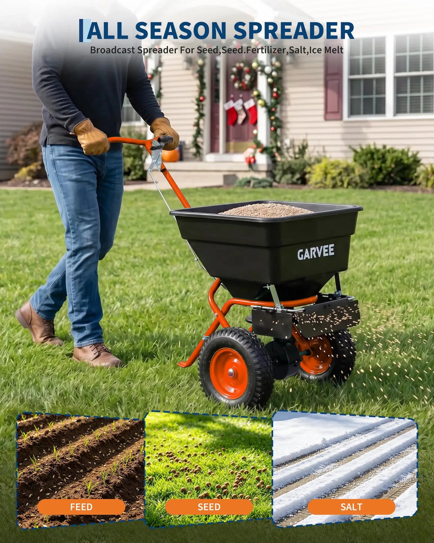 Push Lawn Spreader 100lb Broadcast Spreader With Rain Cover Gloves 12ft Spread Width Adjustable Seed Fertilizer Salt Spreader