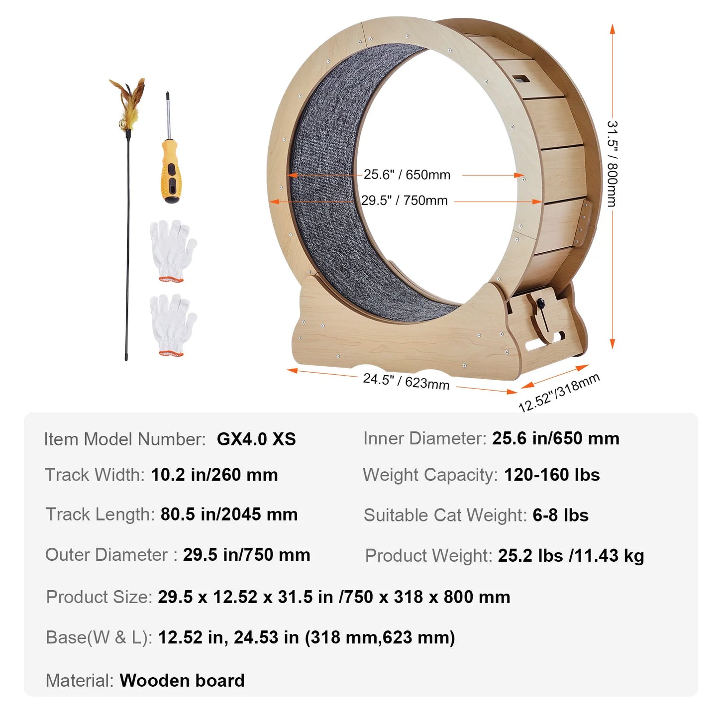 SucceBuy Wooden Cat Exercise Wheel Large Cat Treadmill Wheel for Indoor Cats Cat Running Wheel with Detachable Carpet&Cat Teaser