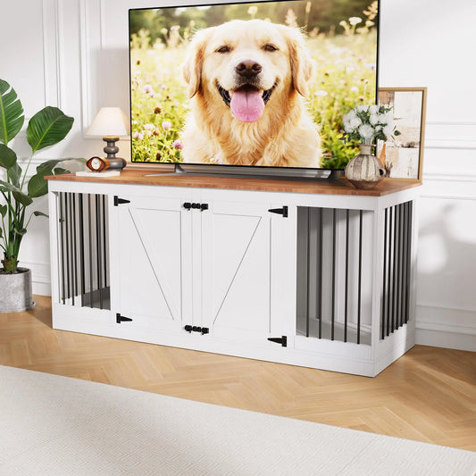 Farmhouse Dog Crate Furniture TV Stand With Secure Lockable Doors