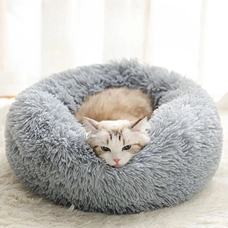 Soft Pet Cat Bed Pad Plush Warm Faux Fur Dog Calm Bed Donut Round Bed Comfortable Sleeping Washable for Small Medium Dog and Cat