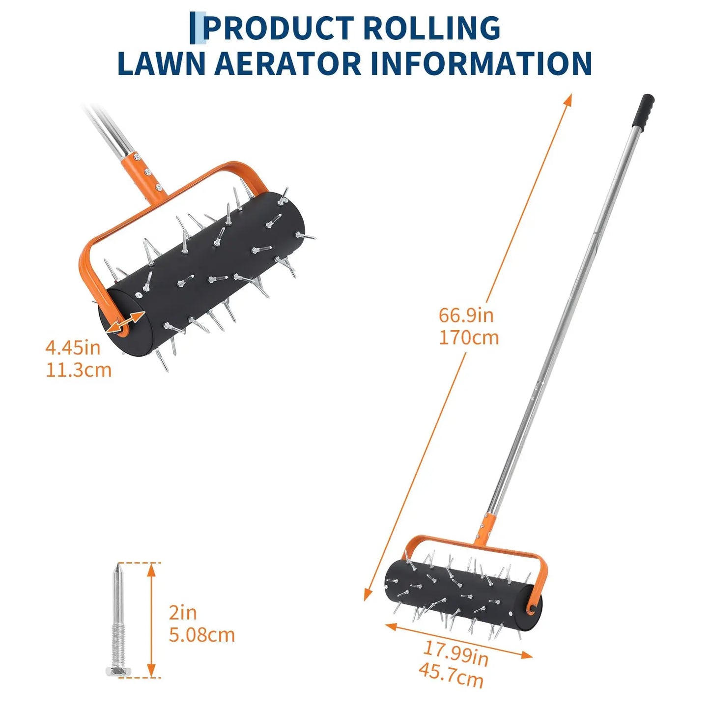 15/18-Inch Rolling Lawn Aerator, Heavy Duty Manual Spike Aerator Roller With 42/52 Spikes, 61/67'' Handle, Soil Penetrator