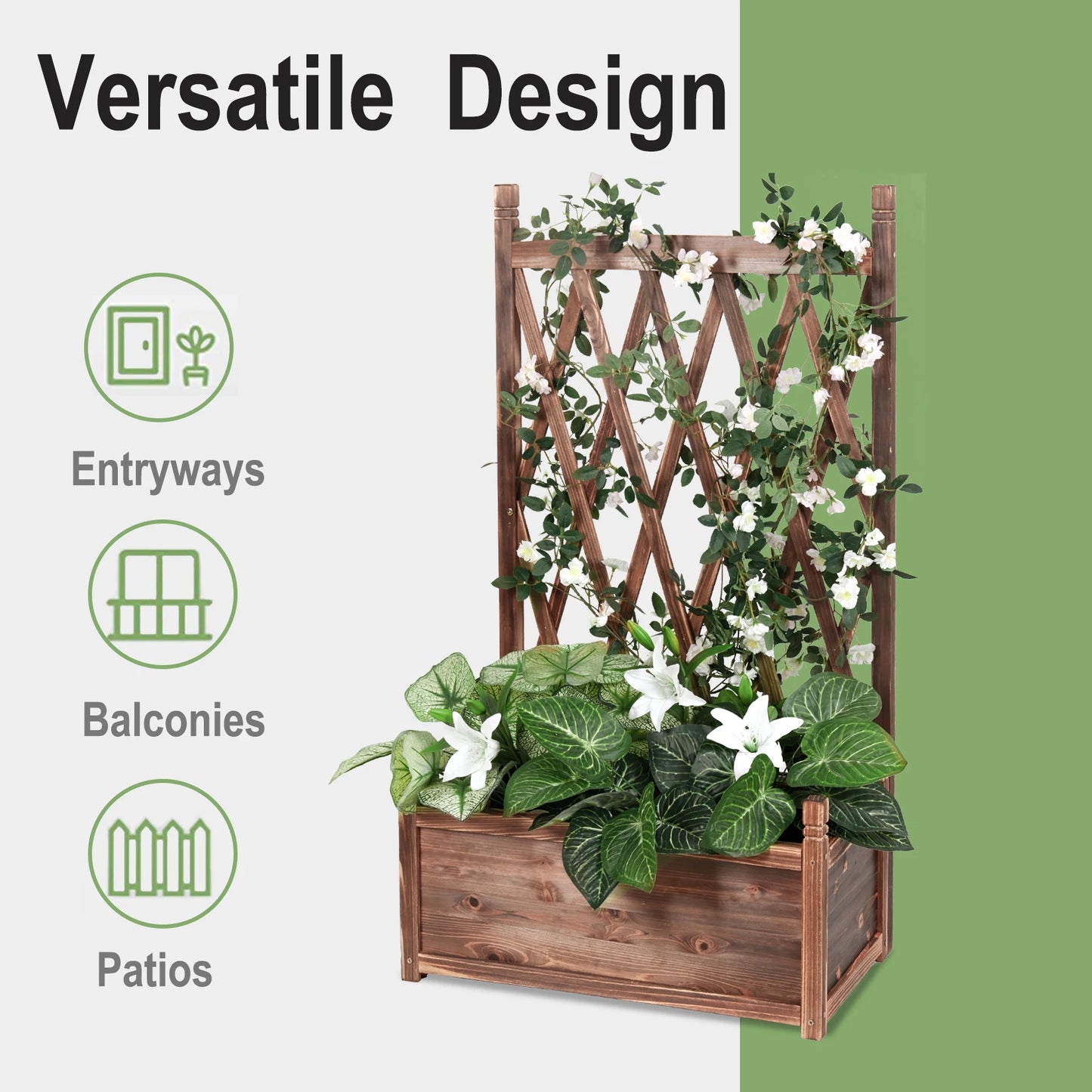 Elevated Wooden Garden Planter Box With Trellis For Outdoor Herbs