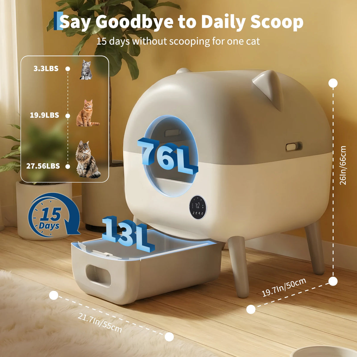 Self Cleaning Litter Box, 76L Large Capacity Automatic Cat Litter Box for Multiple Cats, Electric Cat Litters Box App Control, Multiple Safety Protection, Built-in LED Lights, 1 Roll Garbage Bags