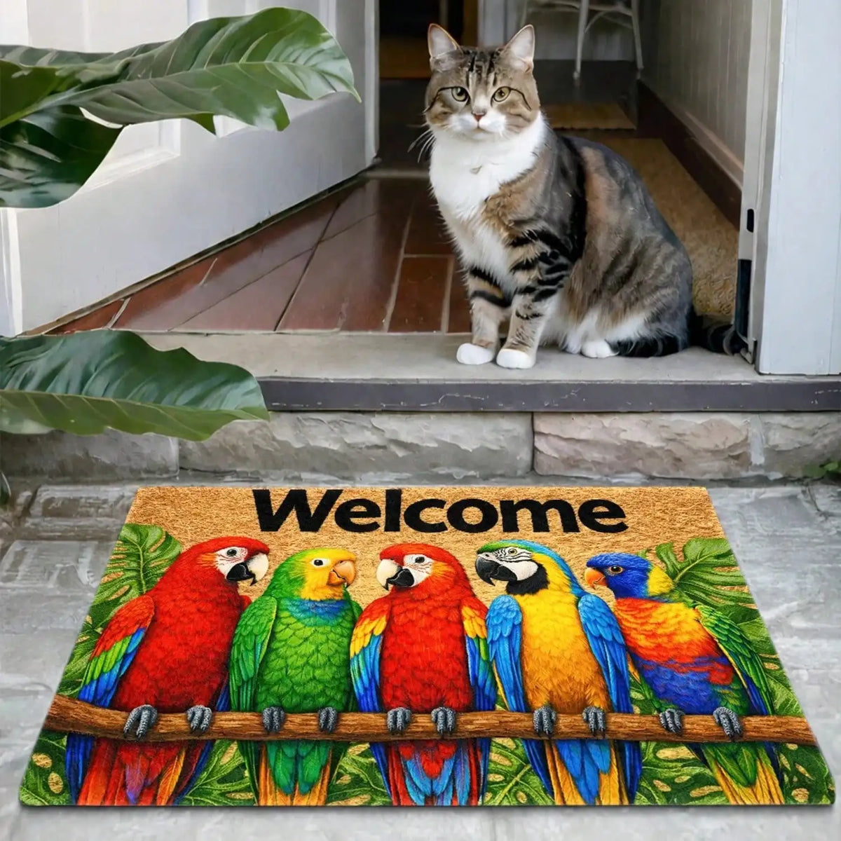 Tropical Parrot Welcome Doormat With Anti Slip Dirt Trapping Design